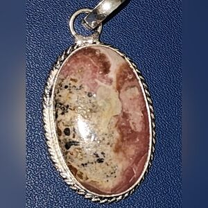 Natural Rhodochrosite Oval Pendant in Silver Setting